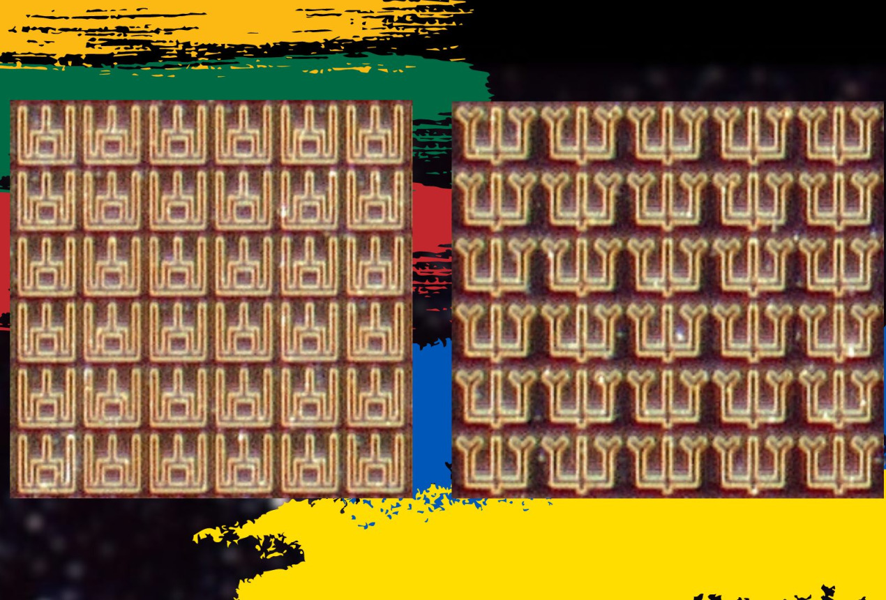 Mikroskopiniai Gediminaičių stulpai ir stilizuoti Ukrainos trišakiai, sukurti iš aukso bei titano. Dr. Igno Grigelionio / FTMC nuotrauka